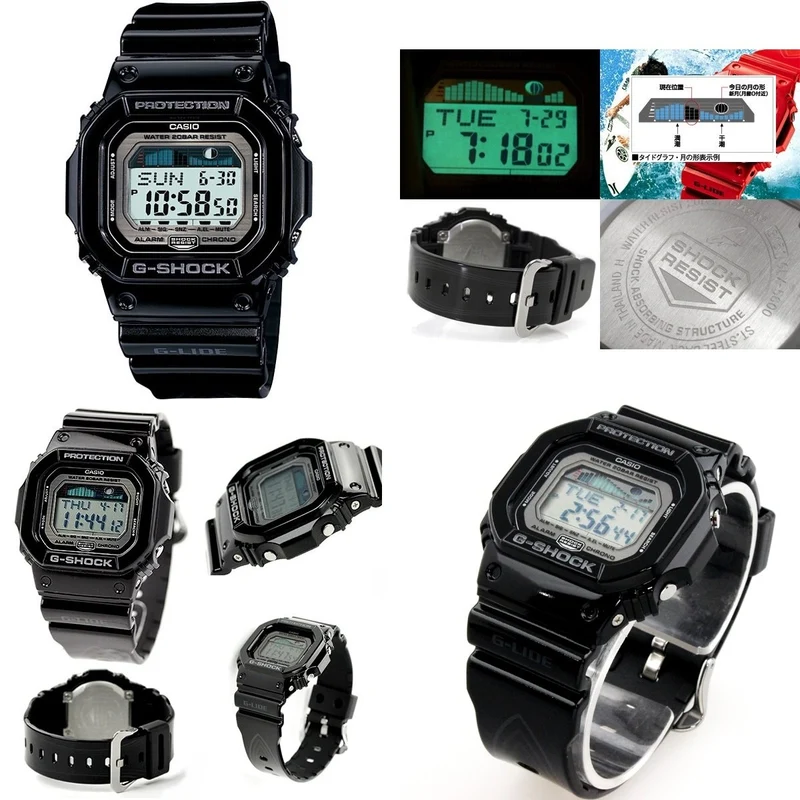 G-SHOCK G-Lide 20 ATM wasserdichte digitale Gezeitenuhr mit Kunststoffarmband - Herren/Unisex (GLX-5600-1JF GLX-5600-7JF) (GLX-5600-1JF (Schwarz))