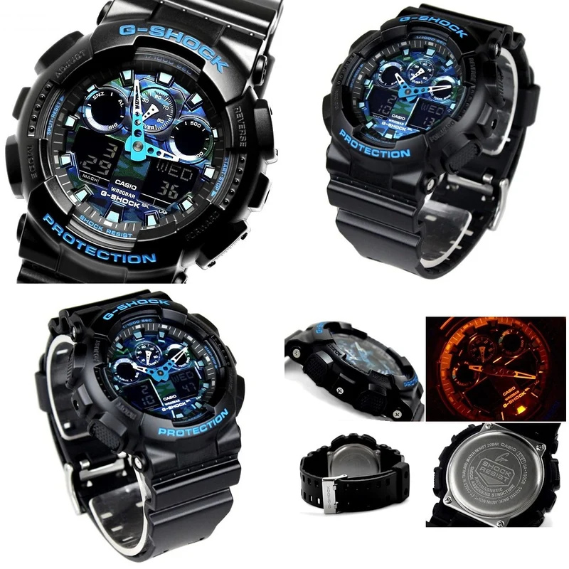 G-SHOCK Herrenuhr mit Tarnmuster, blau, wasserdicht bis 20 ATM, Kunststoffarmband (GA-100CB-1A GA-100LY-1A) (GA-100CB-1A (Blaues Tarnmuster))