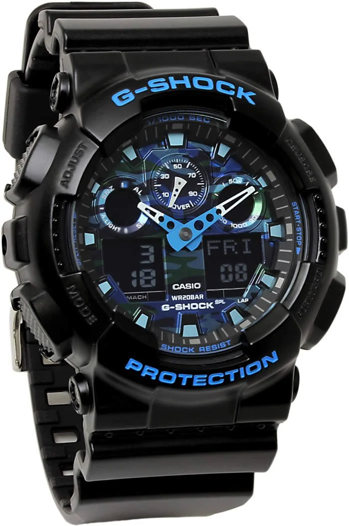G-SHOCK Herrenuhr mit Tarnmuster, blau, wasserdicht bis 20 ATM, Kunststoffarmband (GA-100CB-1A GA-100LY-1A) (GA-100CB-1A (Blaues Tarnmuster))