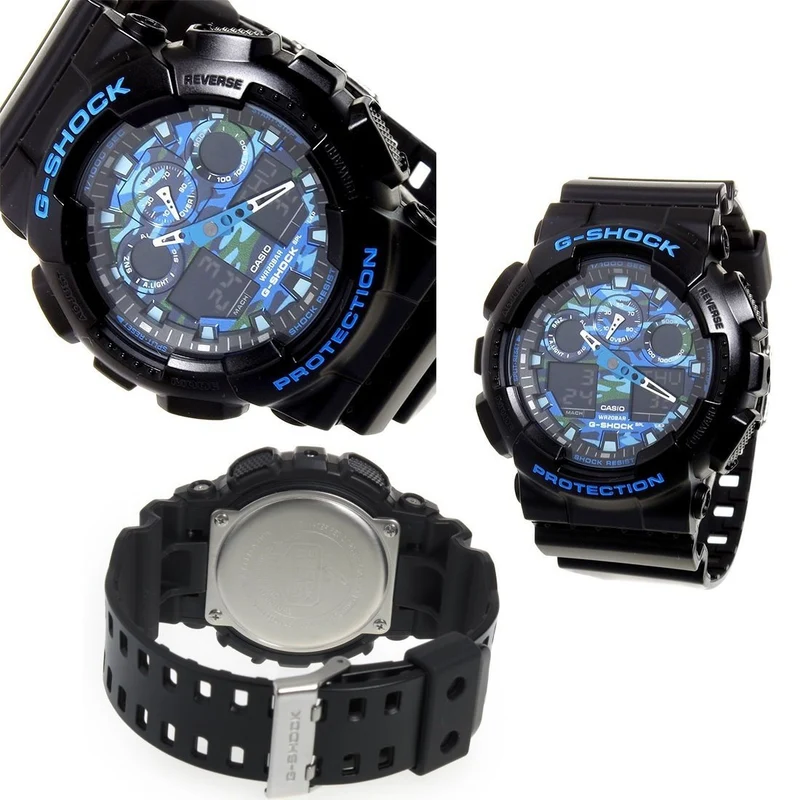 G-SHOCK Herrenuhr mit Tarnmuster, blau, wasserdicht bis 20 ATM, Kunststoffarmband (GA-100CB-1A GA-100LY-1A) (GA-100CB-1A (Blaues Tarnmuster))