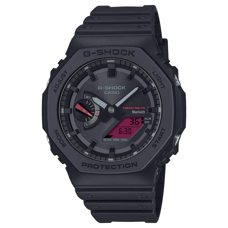 Casio G-Shock Schwarze Resin-Uhr mit rotem, analog-digitalem, achteckigem Zifferblatt GA-B2100BBR-1A